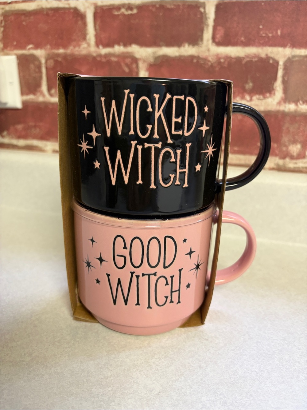Wicked Witch / Good Witch Stacked Ceramic Mug Set - Black & Pink